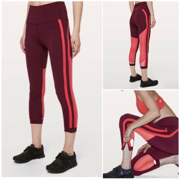 Lululemon Leggings Womens 4 Red Zip the Line Cropped Mesh Sheer Gym Run Athletic - Picture 1 of 11